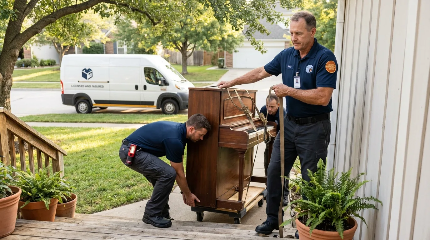 Licensed piano movers securing grand piano in Ventnor City, NJ