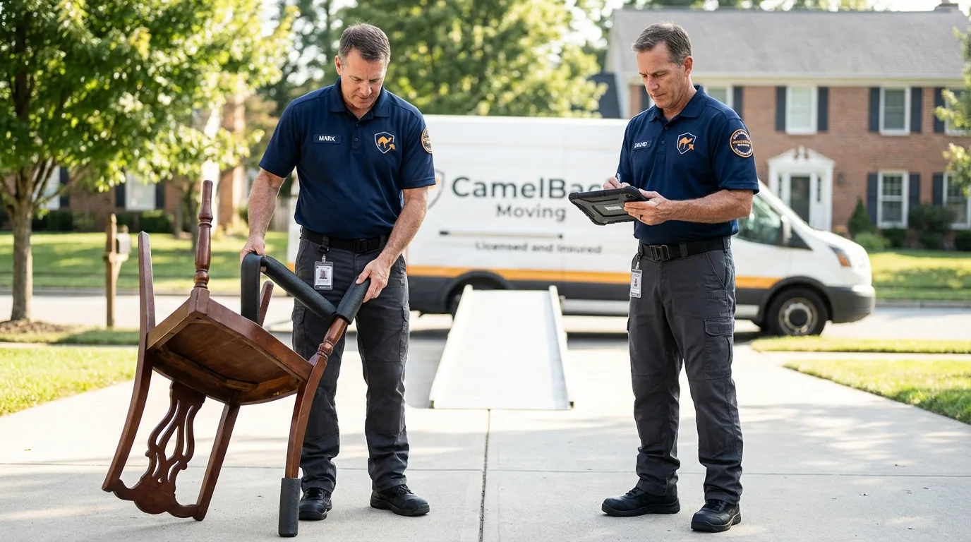 Movers inspecting furniture for damage prevention before loading in Ventnor City, NJ