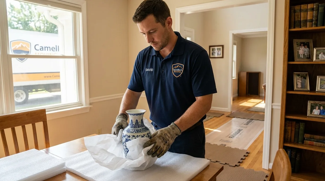 Professional crew carefully wrapping antique vase for senior downsizing move in Ventnor City, NJ